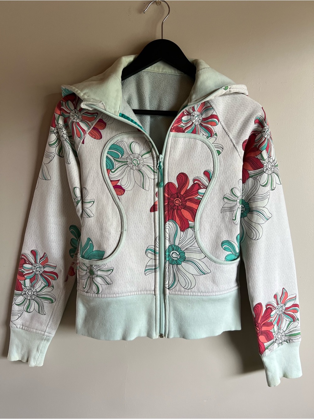 Vintage Lululemon Floral Scuba Hoodie Size 4 Mint Pink Zip Up Jacket Y2K